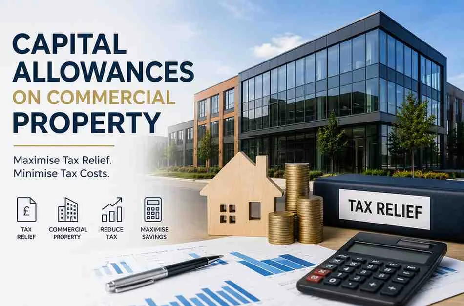 Capital Allowances on Commercial Property showing a modern commercial building, tax relief documents, calculator, and financial reports illustrating UK commercial property tax allowances and HMRC tax relief.
