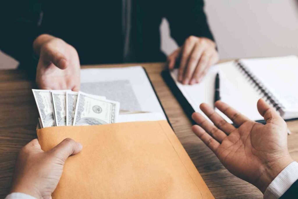 Debtors and creditors business payment transaction showing a customer paying cash to a business representative, illustrating accounts receivable and accounts payable in accounting.