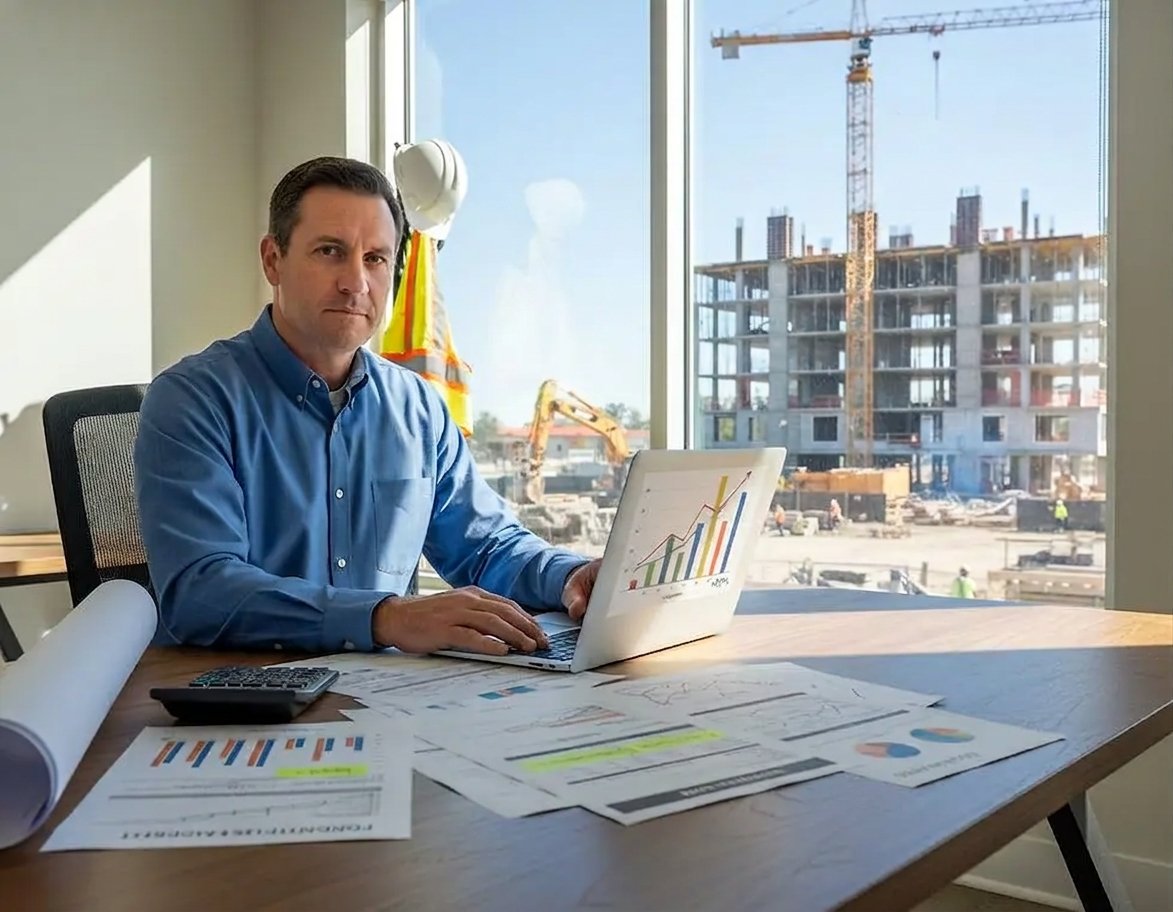 Construction accountants reviewing project plans