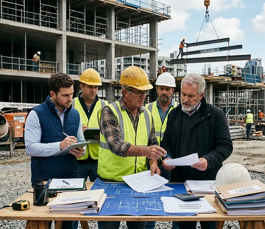 Construction professionals reviewing project plans